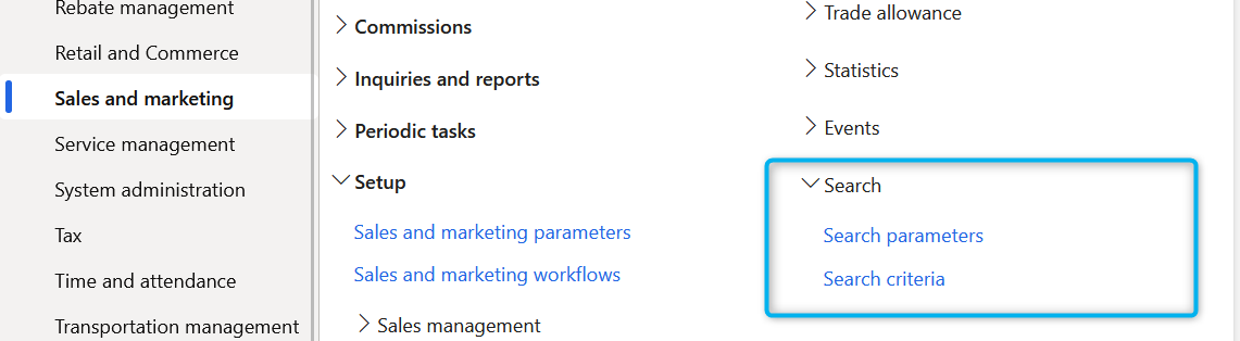 Sales and marketing search menu